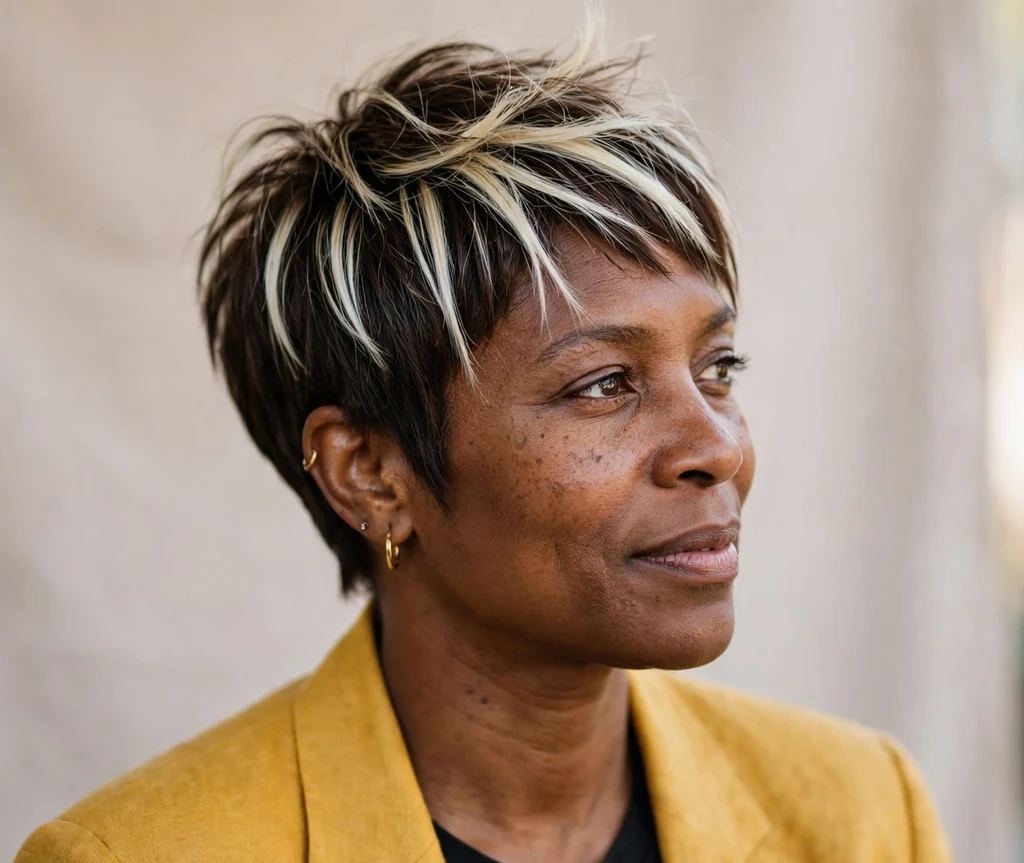 Brunette woman with a pixie cut featuring platinum blonde streaks