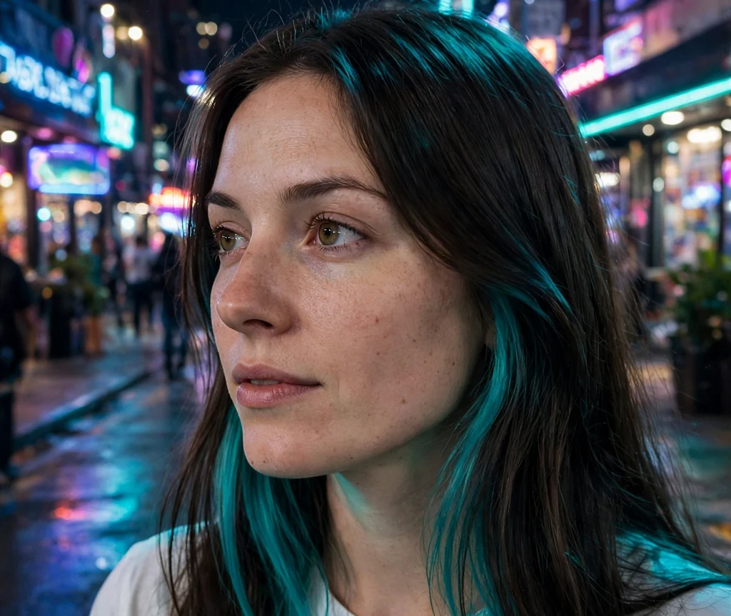 Brunette woman with long straight hair featuring teal underlights