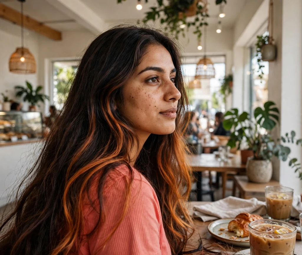 Brunette woman with long hair featuring copper balayage