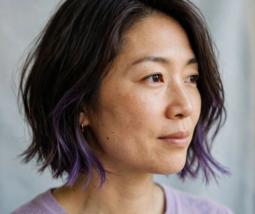 Brunette woman with a bob featuring violet balayage tips