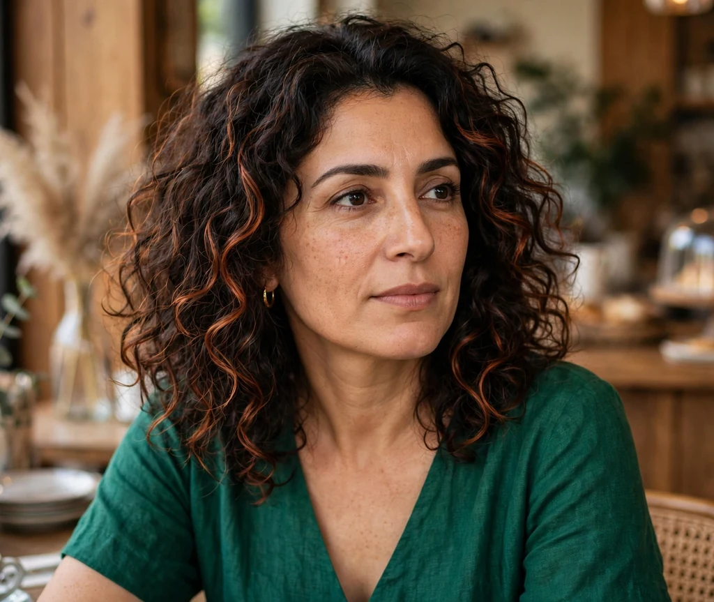 Brunette woman with dark curly hair featuring copper highlights