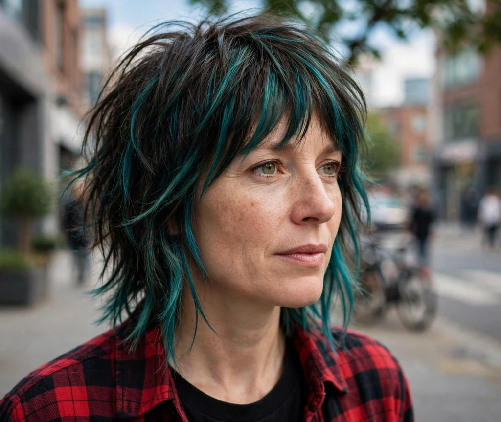 Brunette woman with a shag haircut featuring teal streaks