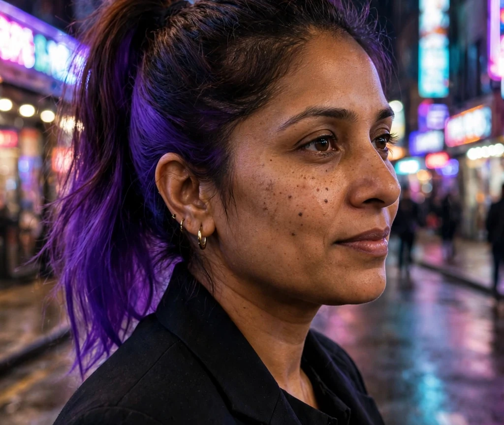 Brunette woman with a high ponytail revealing a violet underlayer
