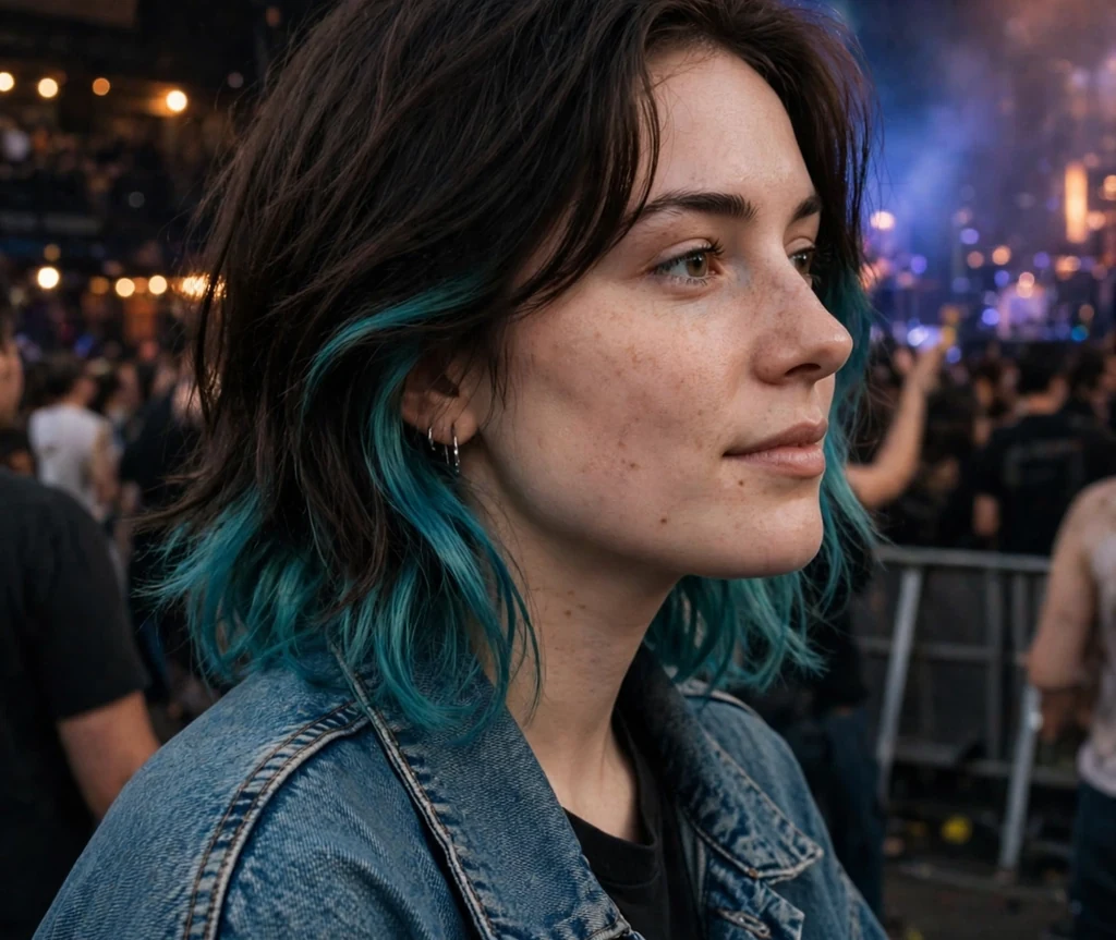 Brunette woman with two-tone hair, dark on top with teal underneath