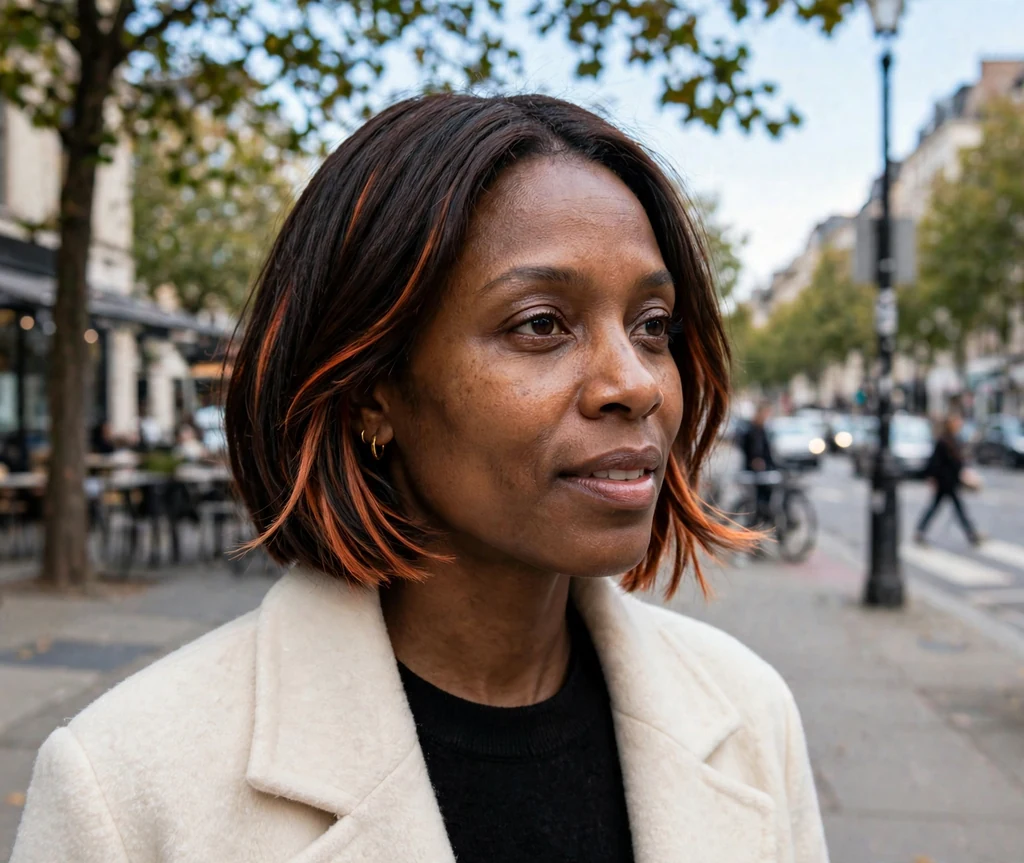 Brunette woman with a bob featuring copper peekaboo panels