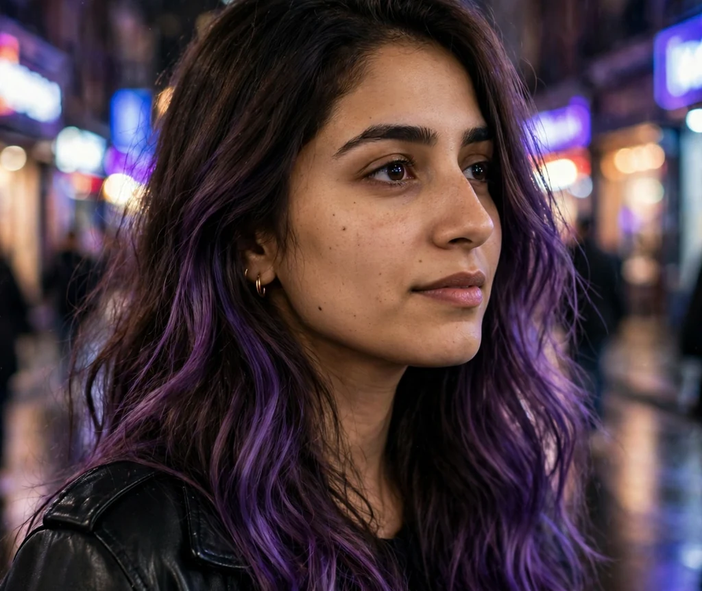 Brunette woman with long dark hair featuring violet balayage