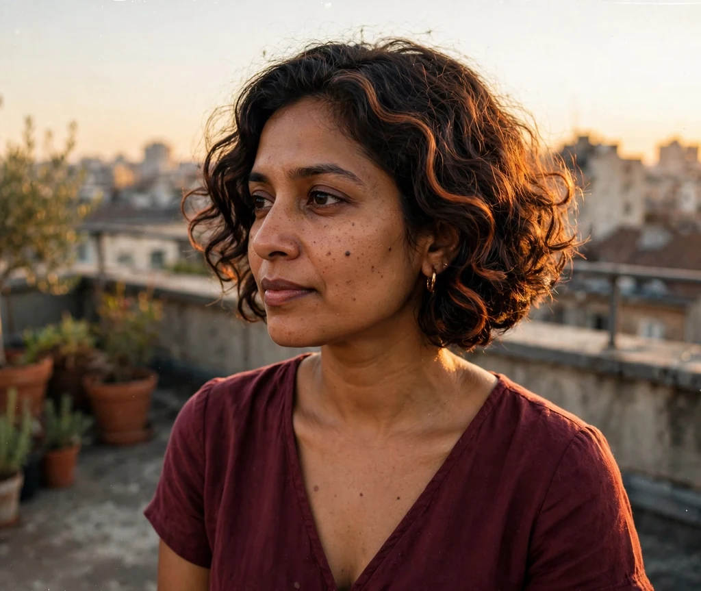 Brunette woman with a curly bob featuring copper streaks