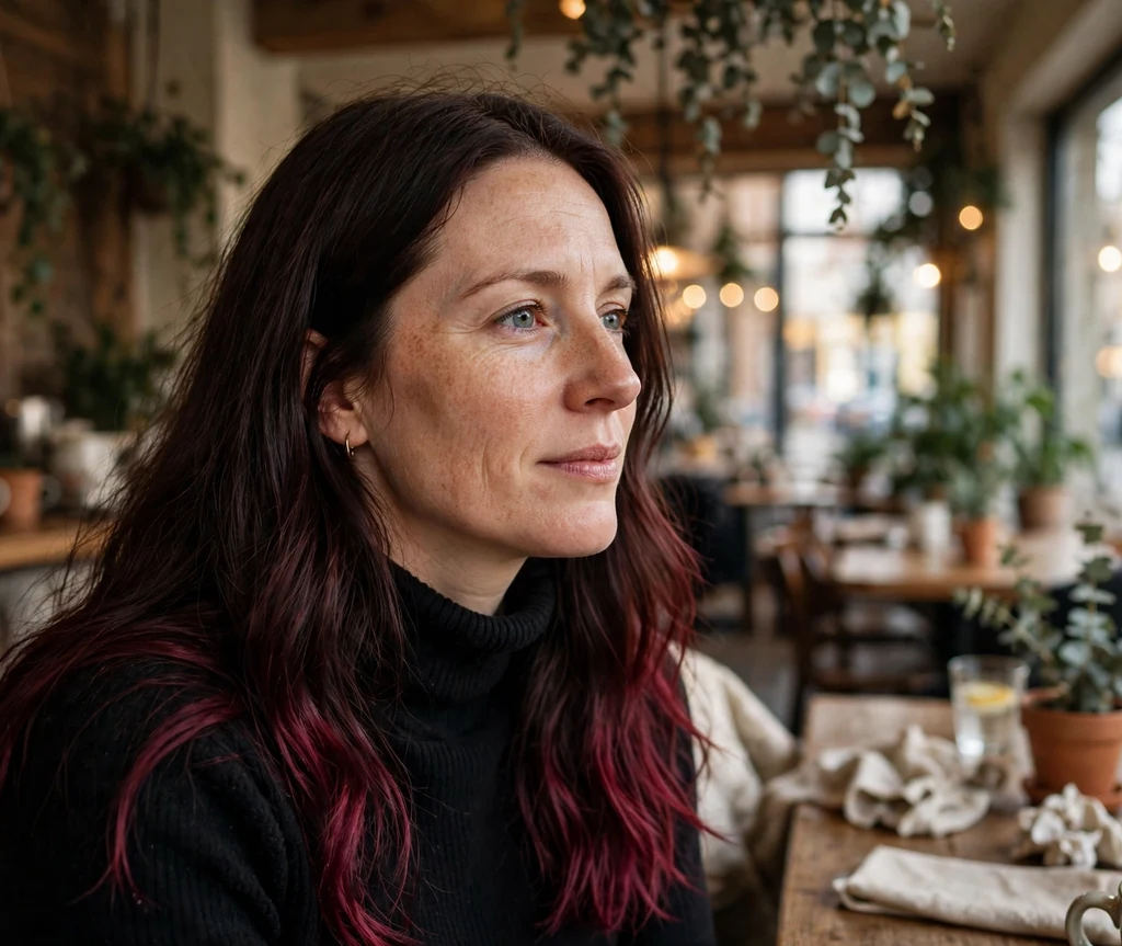 Brunette woman with long dark hair featuring burgundy-dyed ends