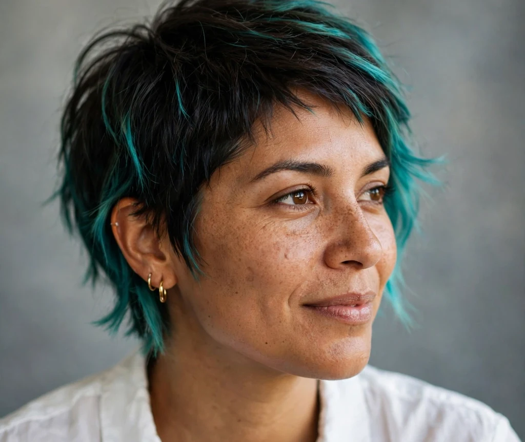 Brunette woman with a pixie cut featuring teal-dyed tips