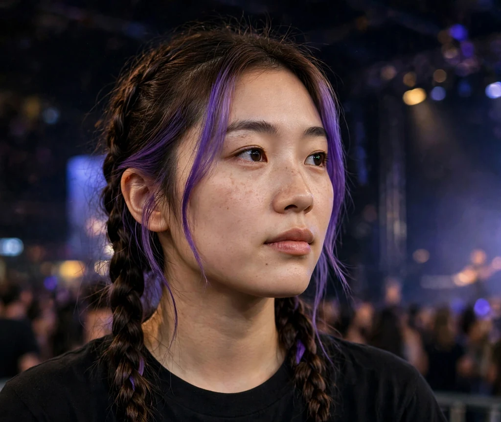 Brunette woman with braids featuring violet money piece highlights