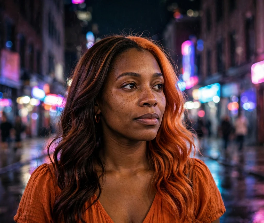Brunette woman with copper and dark brown split dye hair