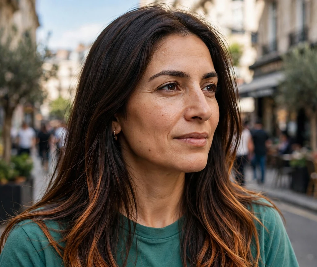 Brunette woman with long sleek dark hair revealing copper underlights
