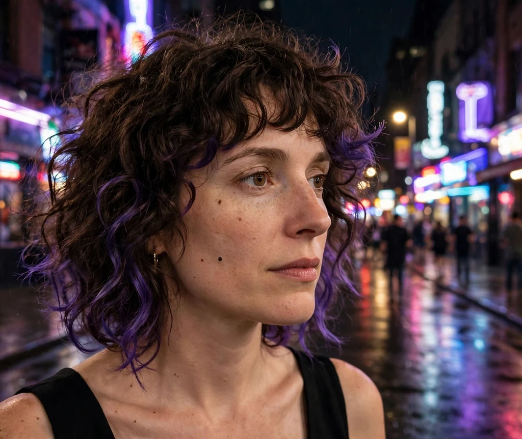 Brunette woman with a curly shag haircut featuring violet-dyed tips