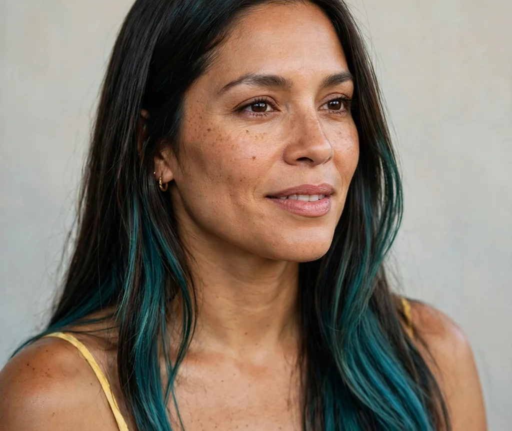 Brunette woman with long straight hair featuring teal balayage