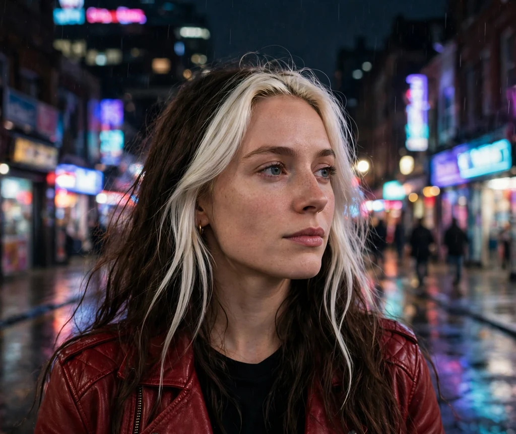 Brunette woman with long dark hair featuring platinum blonde front sections