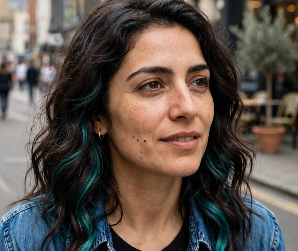 Brunette woman with wavy hair featuring teal peekaboo panels