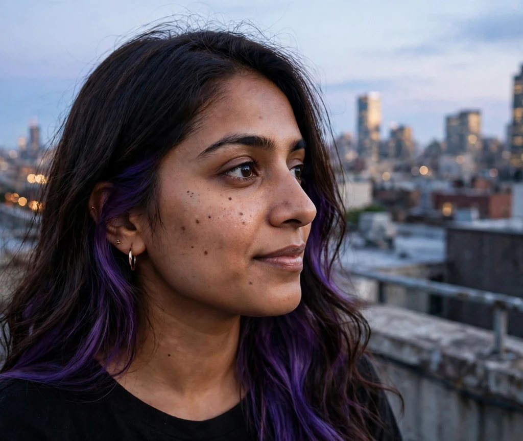 Brunette woman with long dark hair featuring violet underlights