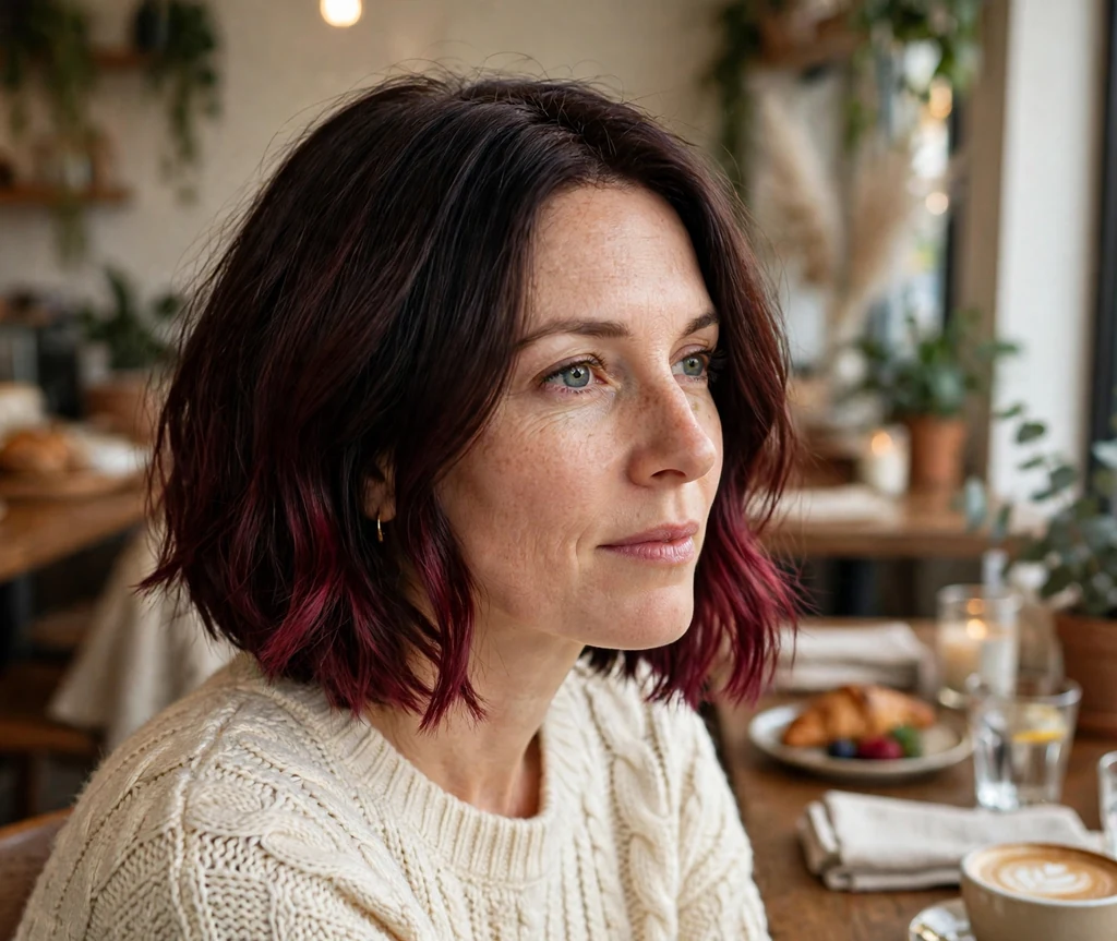 Brunette woman with a bob featuring a burgundy two-tone color melt