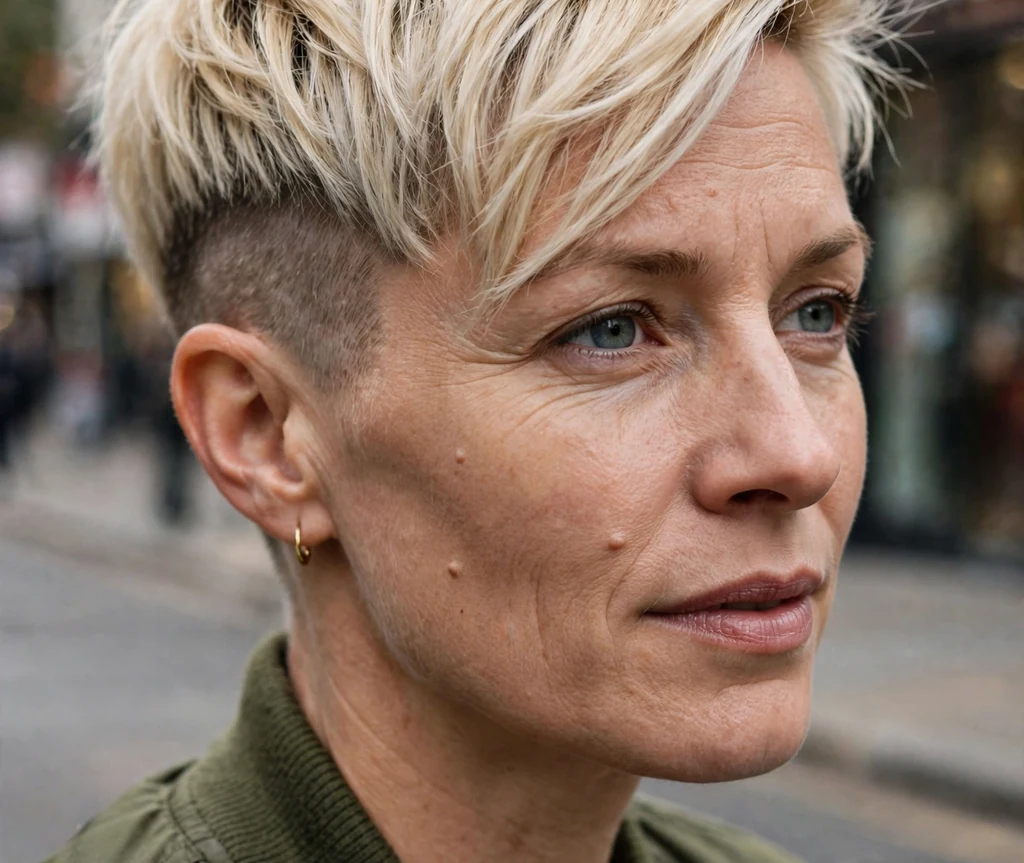 A platinum blonde undercut pixie with faded sides on a woman in an olive bomber jacket on a downtown street