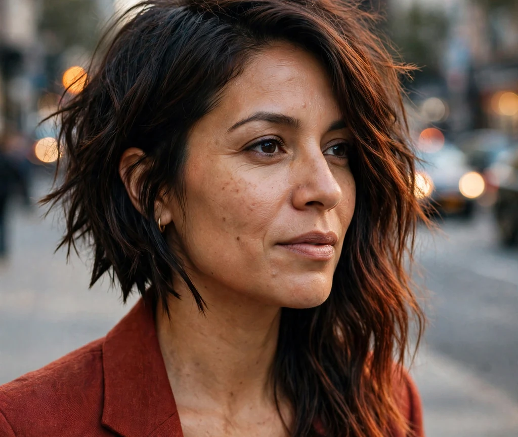 An asymmetrical choppy bob with auburn tips on a woman in a rust-red blazer on a city sidewalk