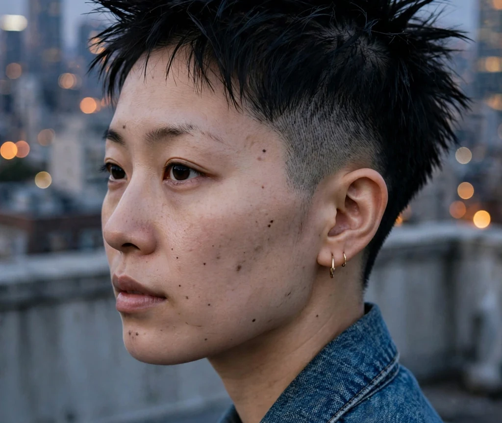 A spiky textured black crop on a young woman in a denim jacket on a rooftop with a city skyline