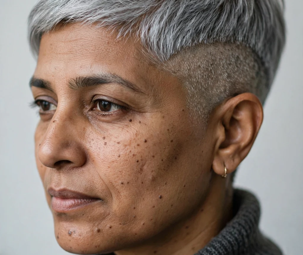 A silver-gray buzzed pixie with one shaved side on a woman in a charcoal turtleneck in a minimalist studio