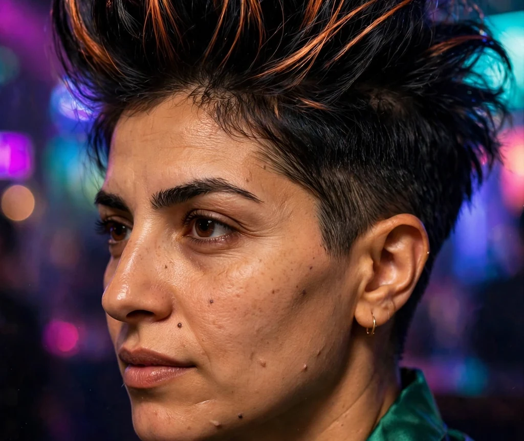 A black faux hawk with copper streaks on a woman in an emerald satin top under nightclub lights