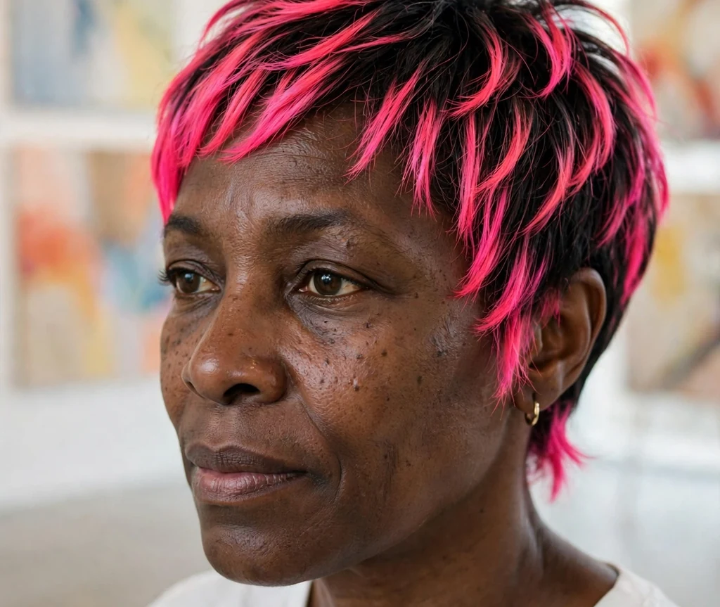 A short pixie with neon pink tips on a woman in a white tee inside an art gallery