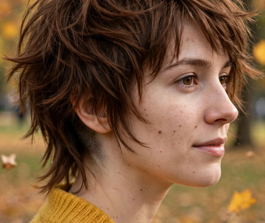 A choppy shaggy undercut in chestnut brown on a woman in a mustard cardigan in an autumn park