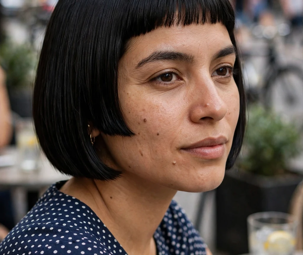 A jet-black blunt bob with micro bangs on a woman in a polka-dot dress on a café terrace