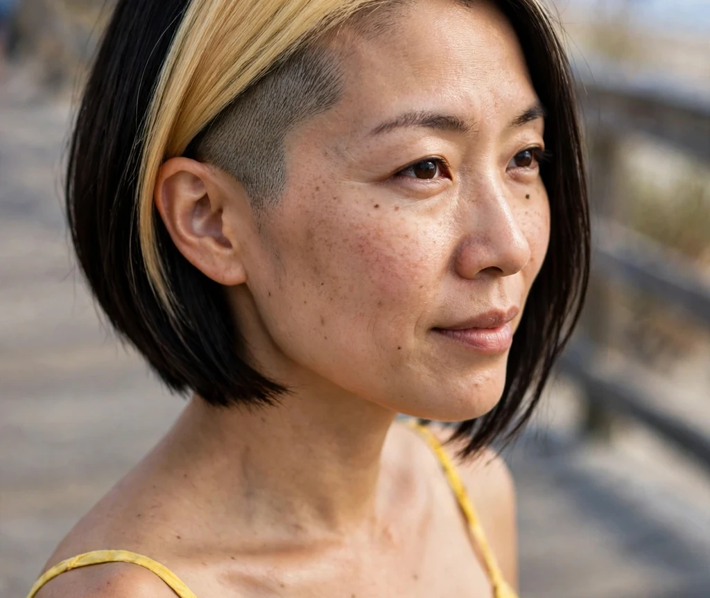 A dark bob with a half-shaved temple and blonde panel on a woman in a yellow sundress on a beach boardwalk