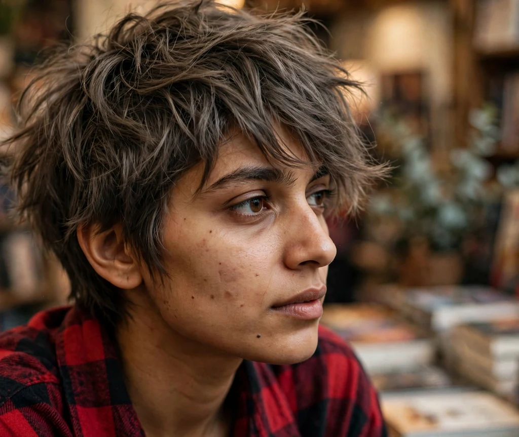 A tousled grunge pixie in ash brown on a woman in an oversized flannel shirt in an indie bookstore