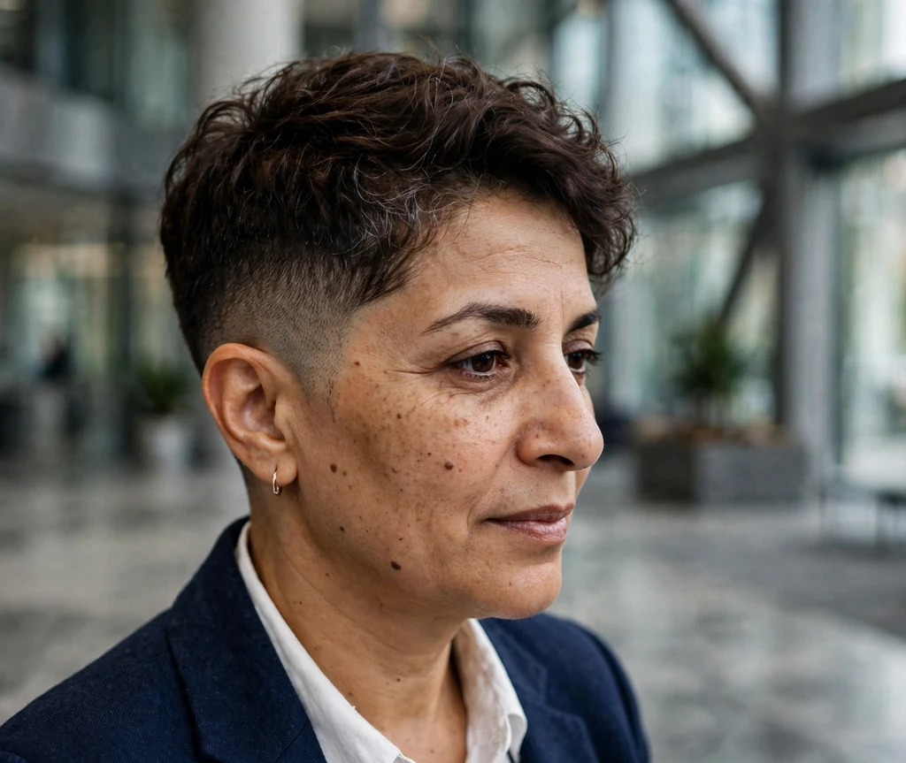 A tapered fade crop on a woman in a navy blazer in an office building lobby
