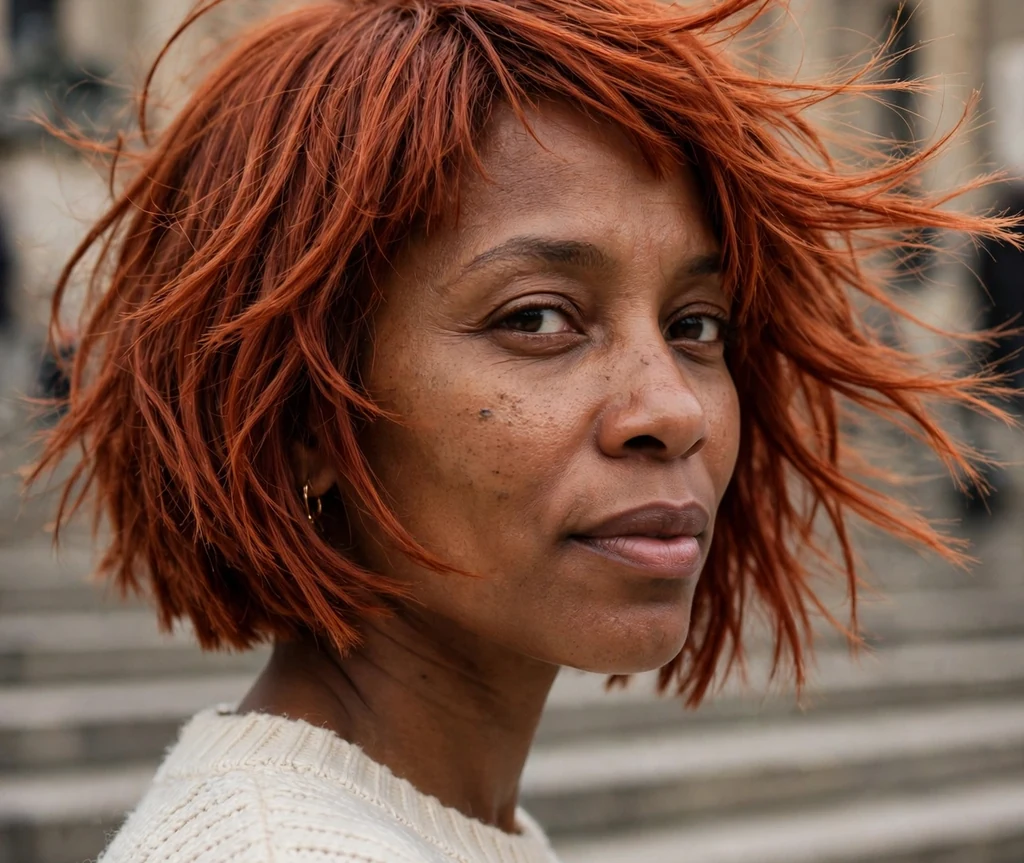 A jagged razor-cut bob in copper red on a woman in a cream sweater on museum steps