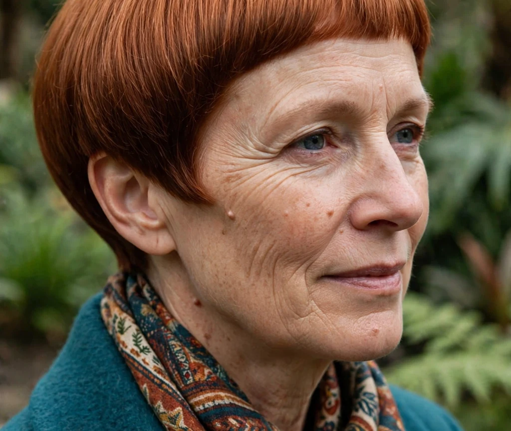 A sleek copper bowl cut on a woman in a teal coat with a scarf in a botanical garden