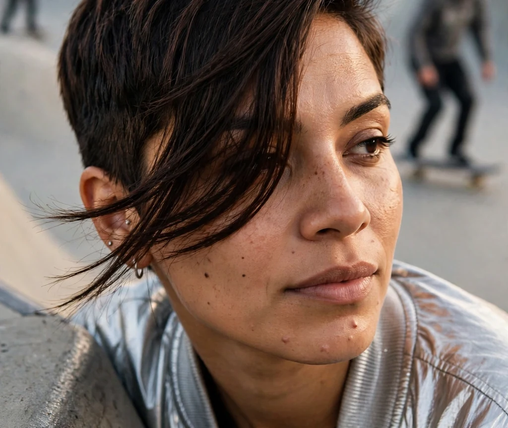 A disconnected pixie with a long fringe in dark chocolate on a woman in a silver bomber jacket at a skate park