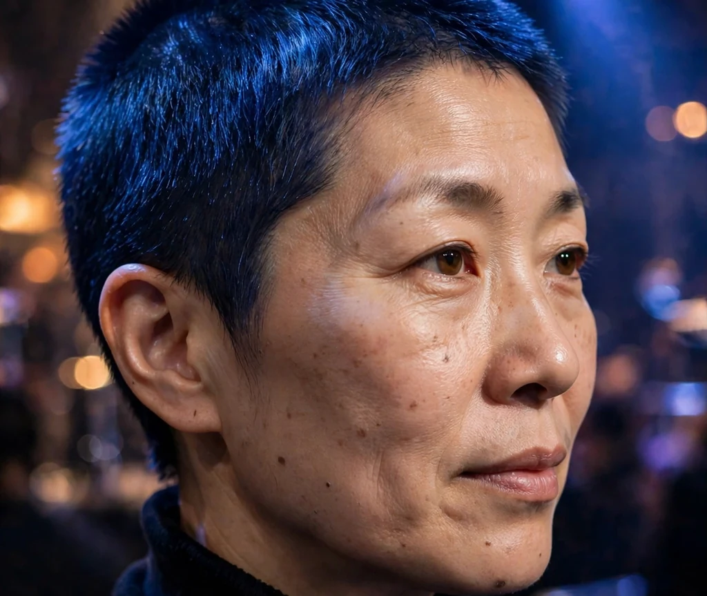A midnight blue buzz cut on a woman in a black turtleneck at a concert venue