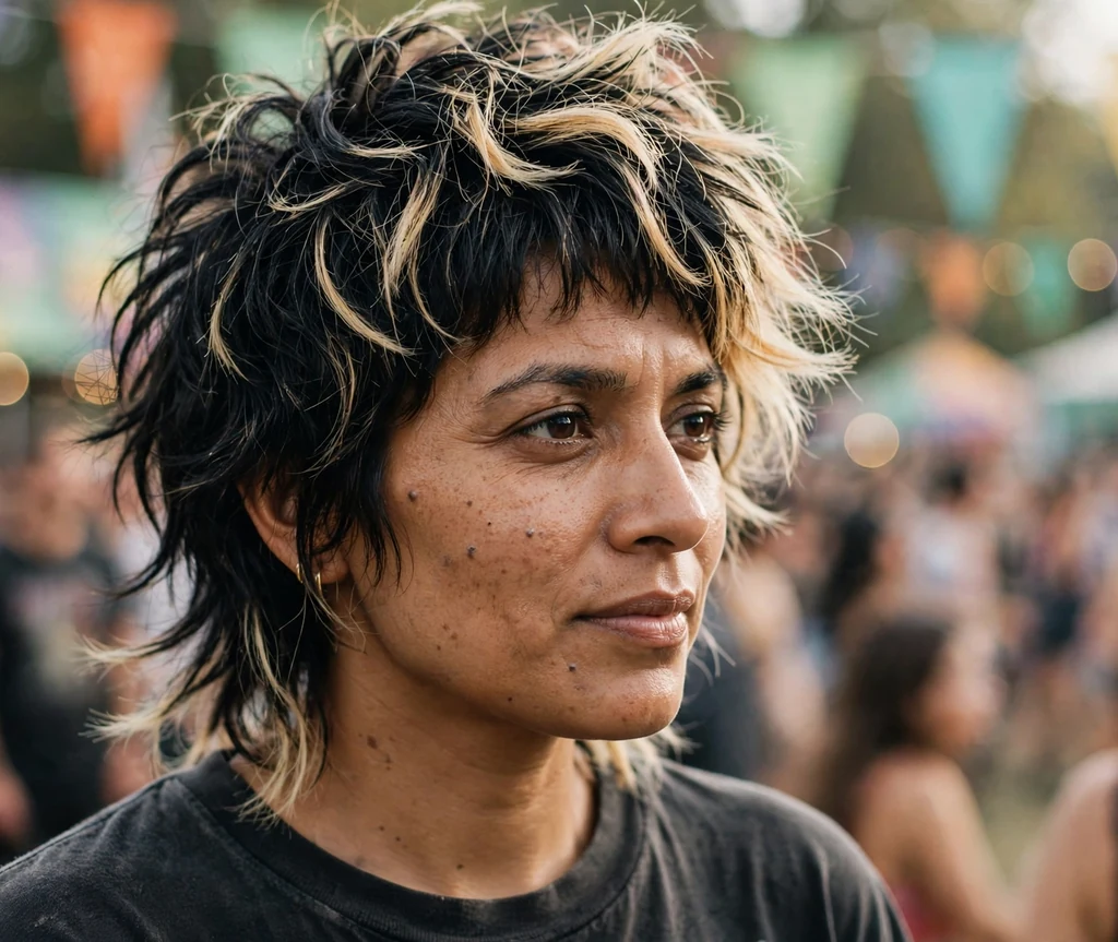 A textured wolf-cut crop with blonde tips on a woman in a band tee at a music festival