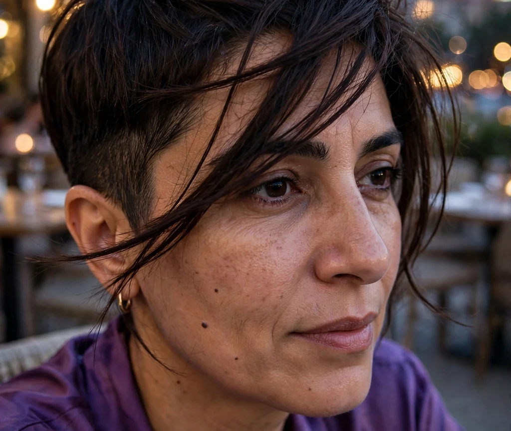 A side-swept asymmetric pixie on a woman in a purple silk blouse on a restaurant terrace