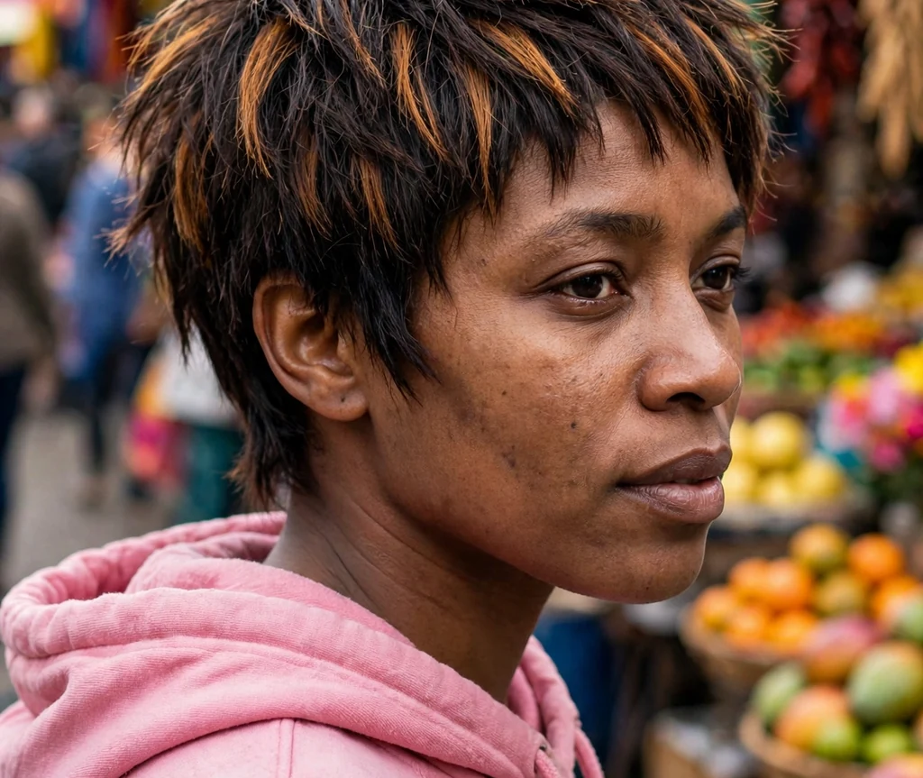 A choppy pixie with chunky caramel highlights on a woman in a pink hoodie at a street market