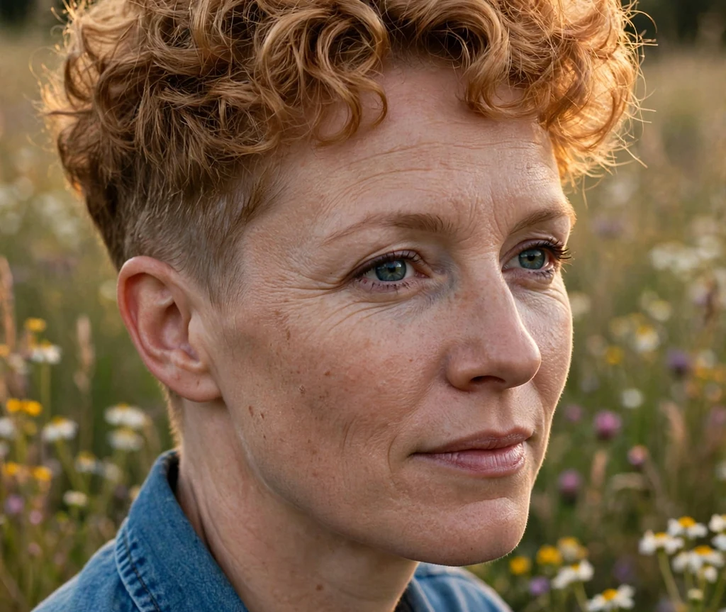 A strawberry blonde curly crop with tapered sides on a woman in a blue denim shirt in a countryside field