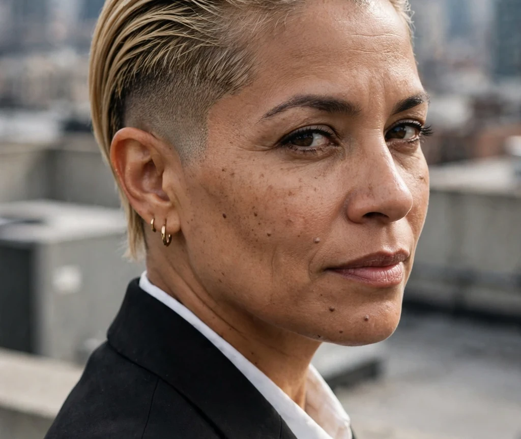 A slicked-back dirty blonde undercut on a woman in a black suit on a city rooftop