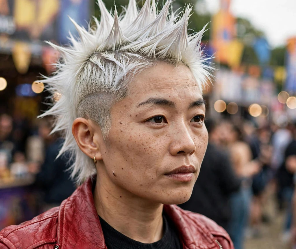 A platinum spiky faux mohawk on a woman in a red leather jacket in a festival crowd