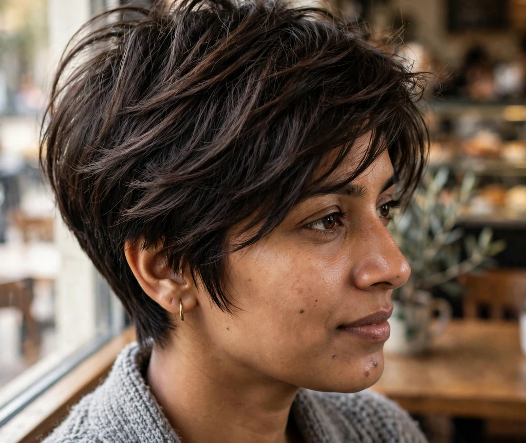 A razored pixie with long crown layers on a woman in a gray cardigan at a coffee shop