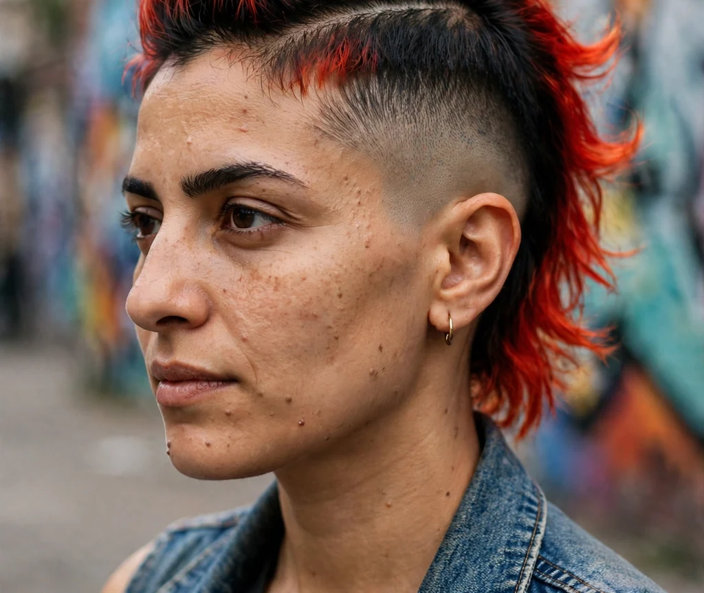 A short black mohawk fade with red tips on a woman in a denim vest in an urban alley