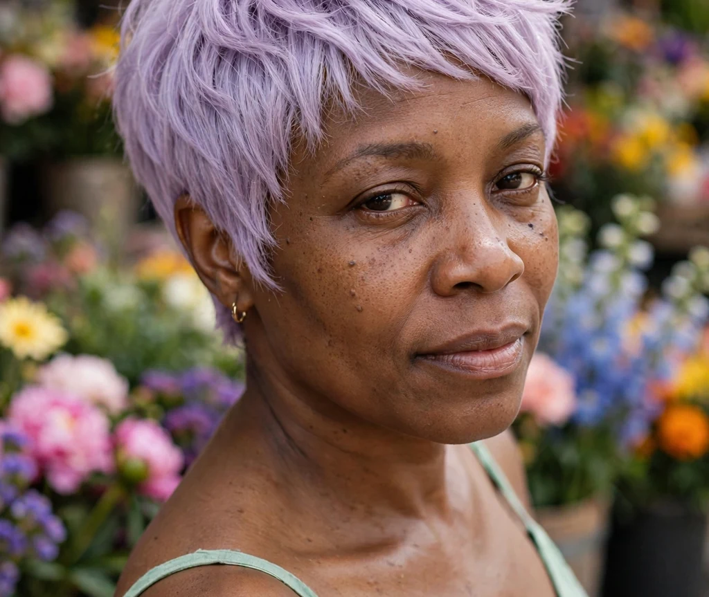 A pastel lavender textured pixie on a woman in a mint dress at a flower market