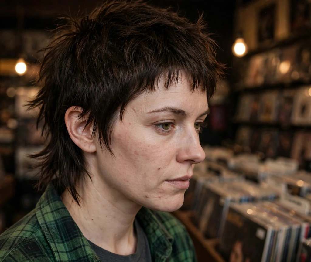 A grunge mullet crop on a woman in a plaid shirt inside a record store