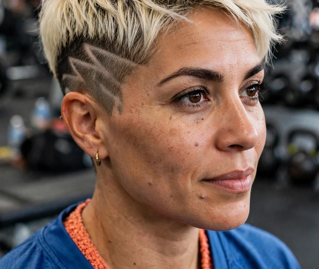 A bleach-blonde pixie with shaved lightning-bolt design lines on a woman in a sports jersey at a gym