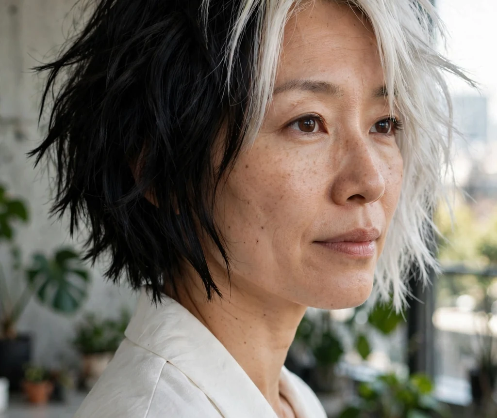 A two-tone black-and-platinum choppy bob on a woman in a white blazer in a modern loft