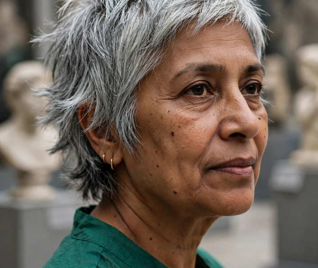 A jagged-ended silver-gray bixie on a woman in an emerald blouse at an art museum